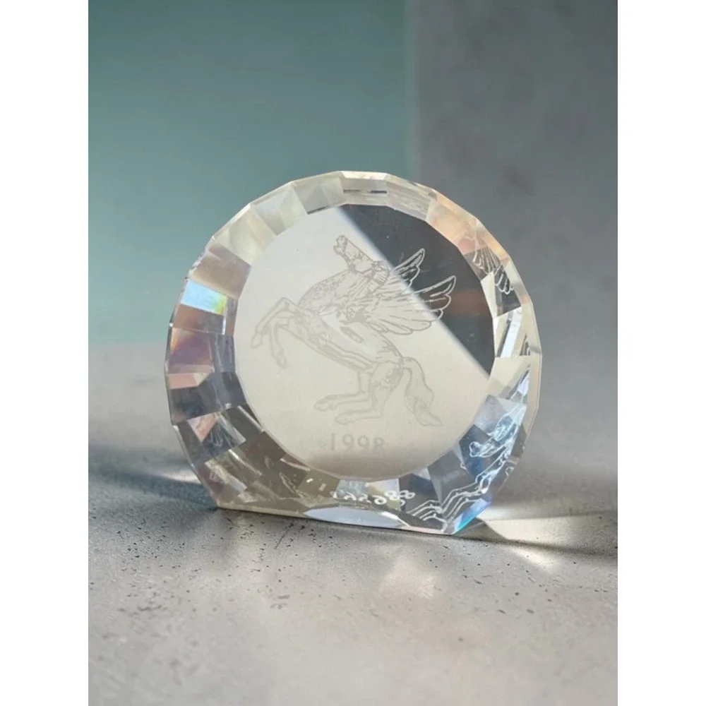 Vintage 1998 Austrian Crystal Pegasus Paperweight Etched Faceted Glass Decor